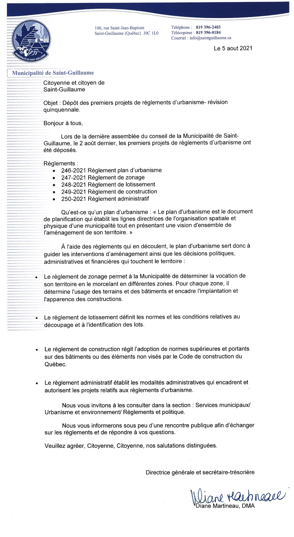 Dépôt des premiers projets de règlements d'urbanisme - Révision quinquennale